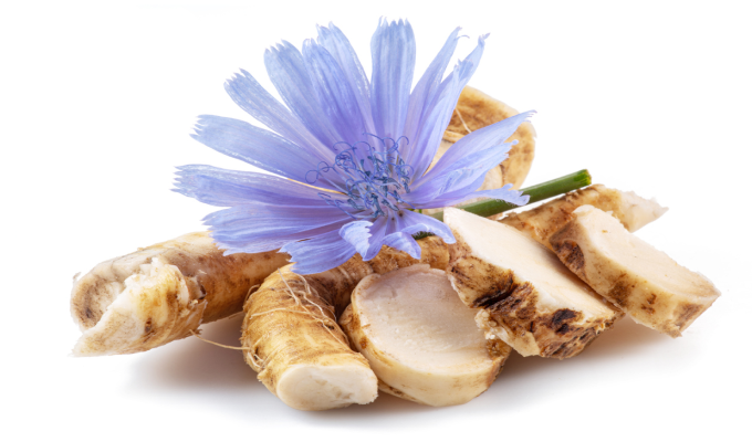 a purple flower next to cut pieces of food